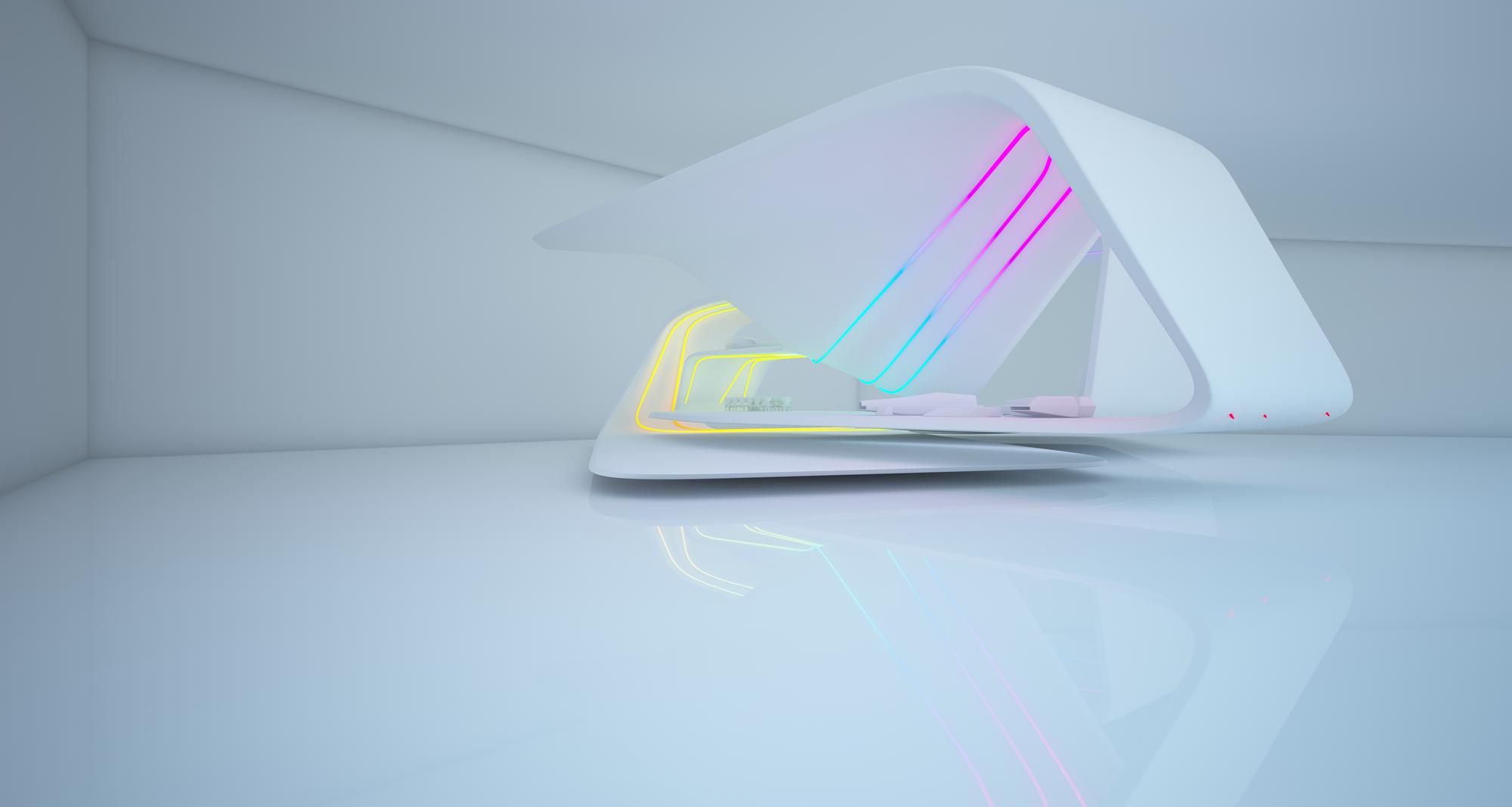 Concept art of futuristic game scene with neon UI